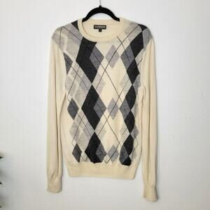 EXPRESS Ivory Argyle Merino Wool Crewneck Sweater Lightweight Academia Size M